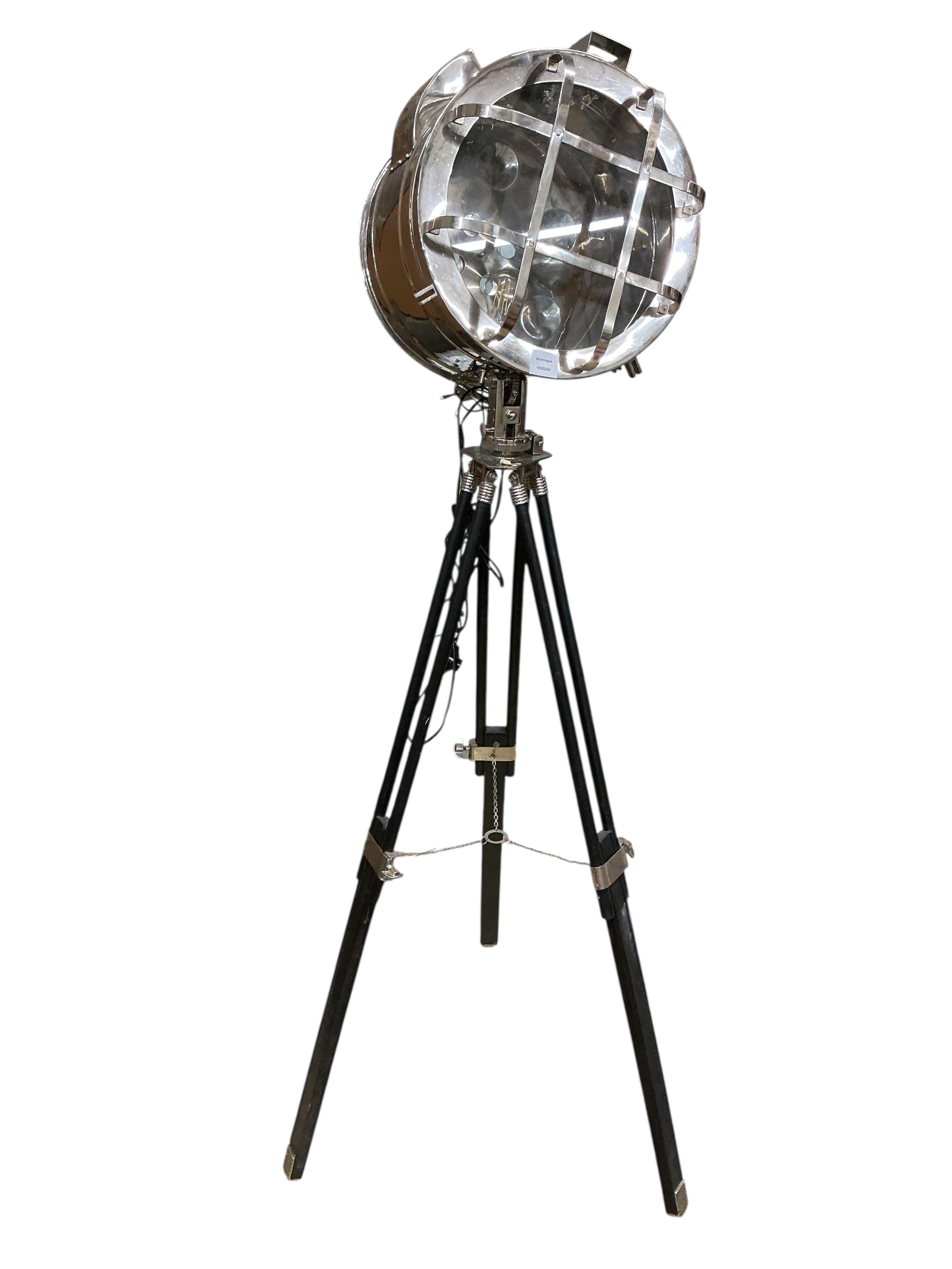 A Contemporary theatre style tripod floor light, height 176cm